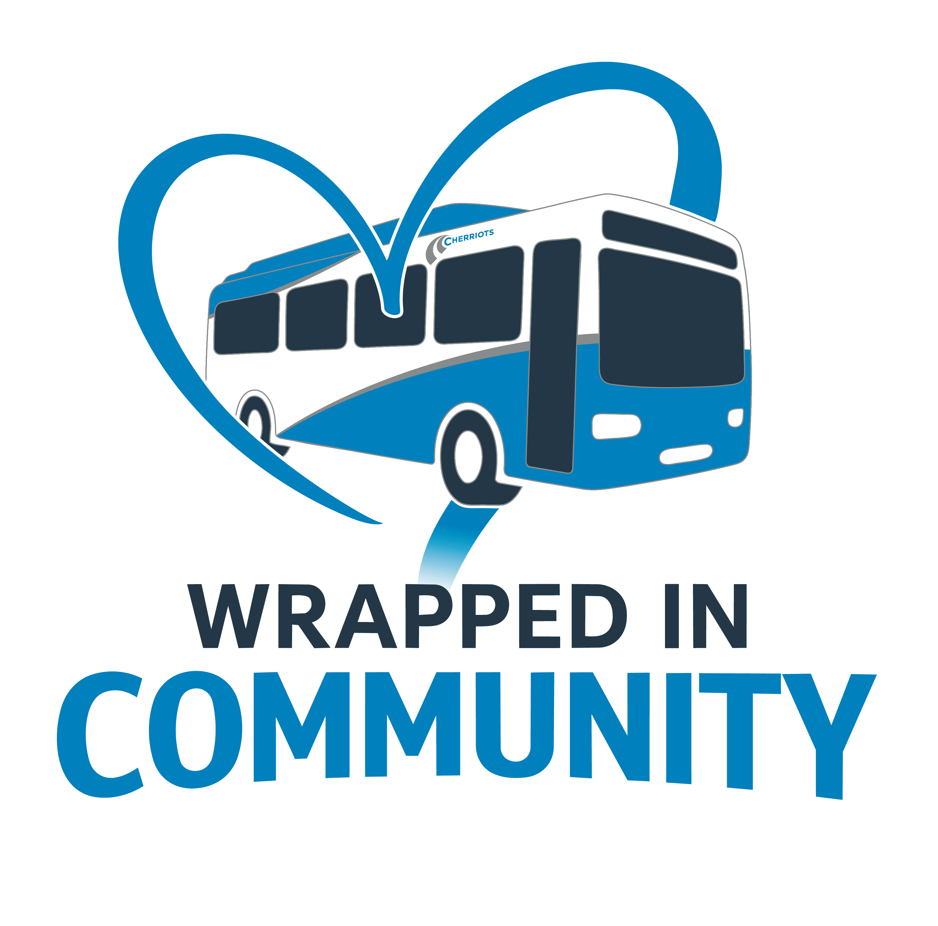 Graphic of a blue heart enveloping a cartoon Cherriots bus with text below that reads: "Wrapped in Community"